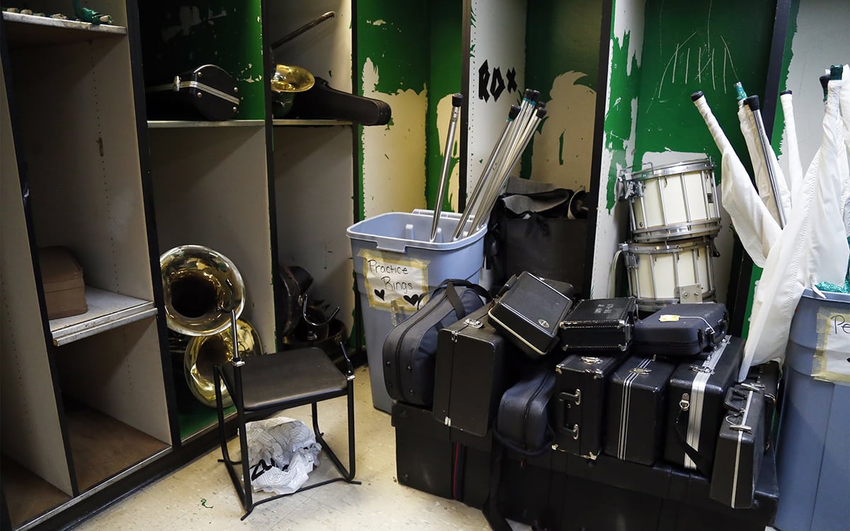 Seen here in December 2017, instruments that need repairs are kept in a storage room at Sto-Rox Junior-Senior High School. (Photo by Ryan Loew/PublicSource)