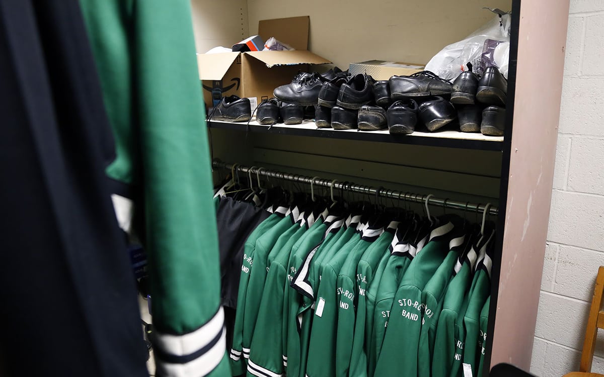 Seen here in December 2017, band uniforms that are about 30 years old are hung in storage at Sto-Rox Junior-Senior High School.