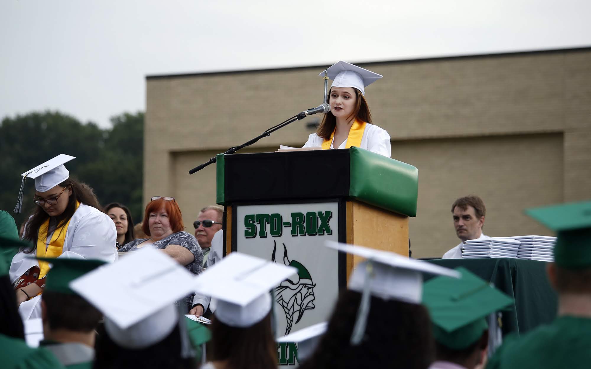 Cassandra Cropper, the Sto-Rox 2018 class salutatorian, delivers remarks at the high school's graduation ceremony on June 1, 2018.