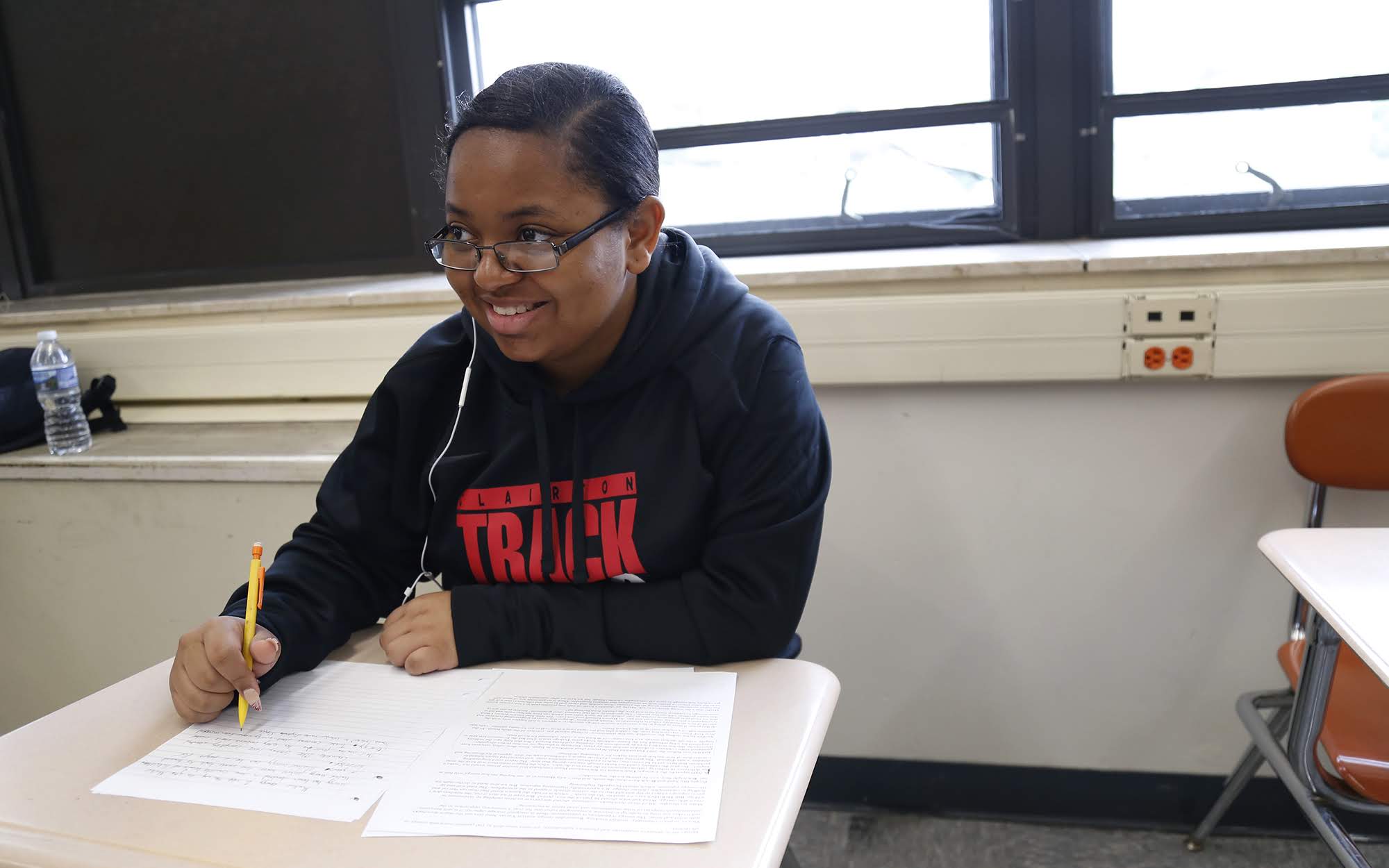 Clairton Middle/High School student Jayla Hamlin, seen here last May during her junior year, writes about nuclear energy in a physics class.