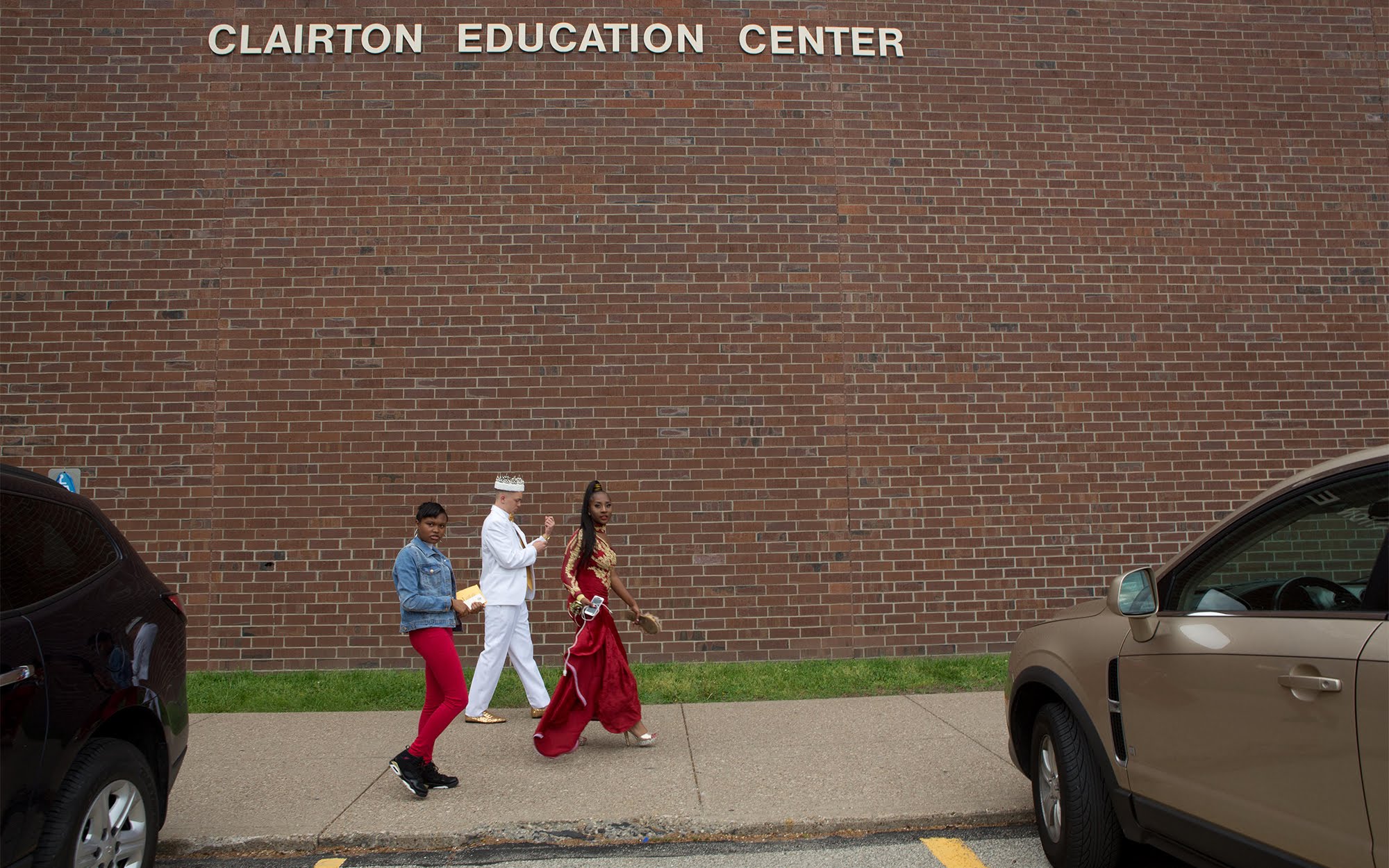 Prom King Andress Wiggins and his date Alanna Holly outside the school after the 2018 Clairton Promenade.