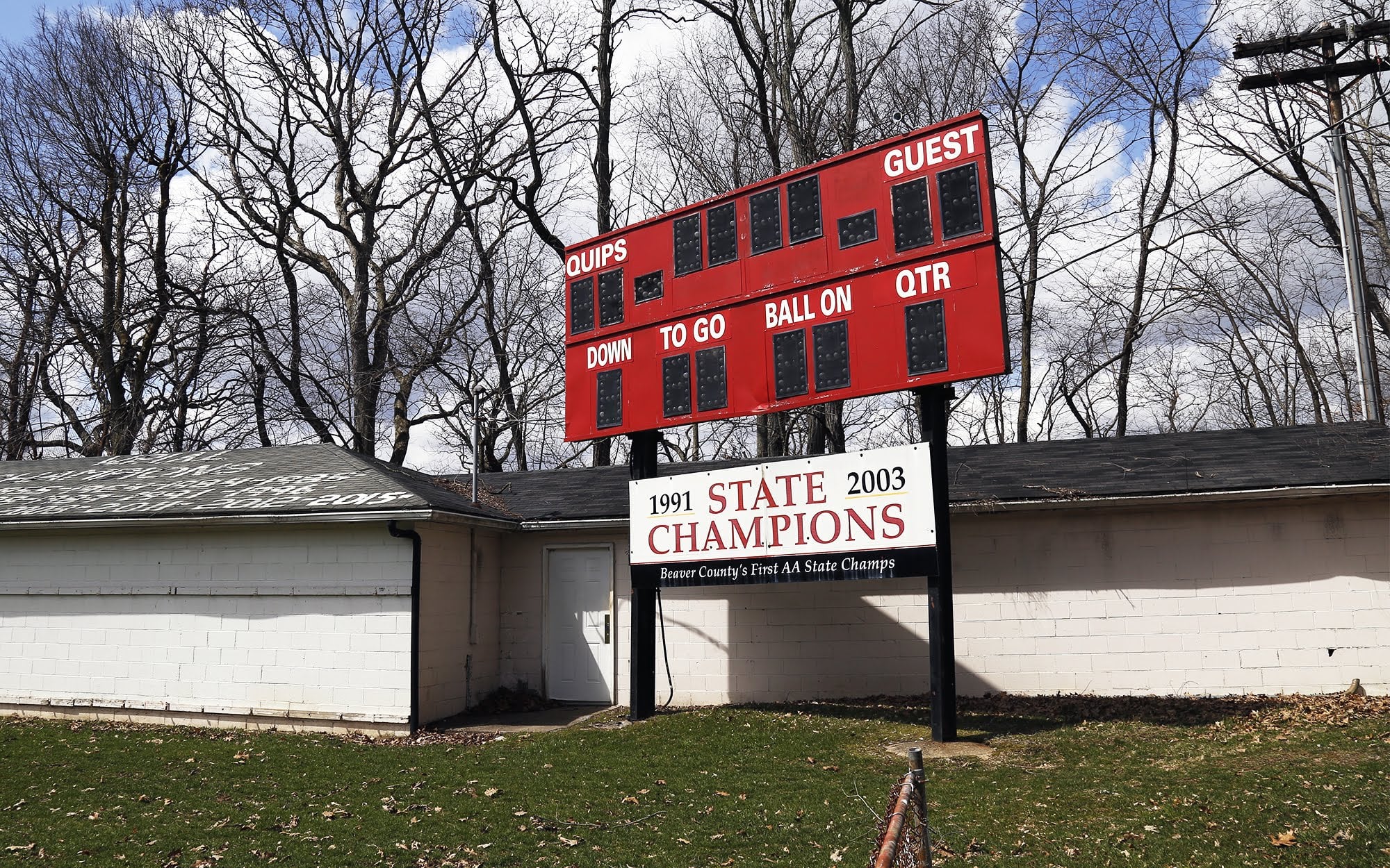 A scoreboard on the Aliquippa Junior-Senior High School football field.