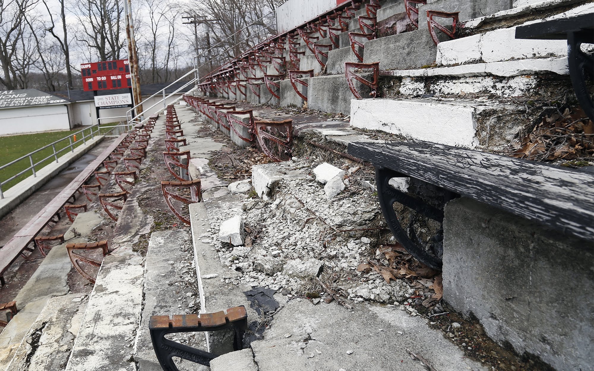 Crumbling steps can be seen on the visitors bleachers at Aliquippa Junior/Senior High School's football field. The section has been permanently closed.