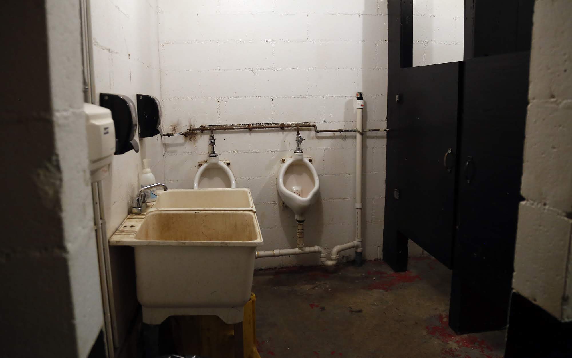 A restroom in the Aliquippa Junior/Senior High School fieldhouse.