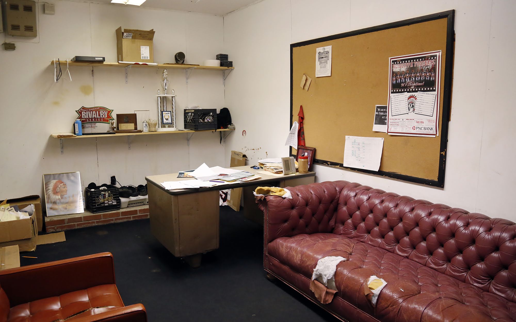 A coach's office in the Aliquippa Junior/Senior High School fieldhouse.