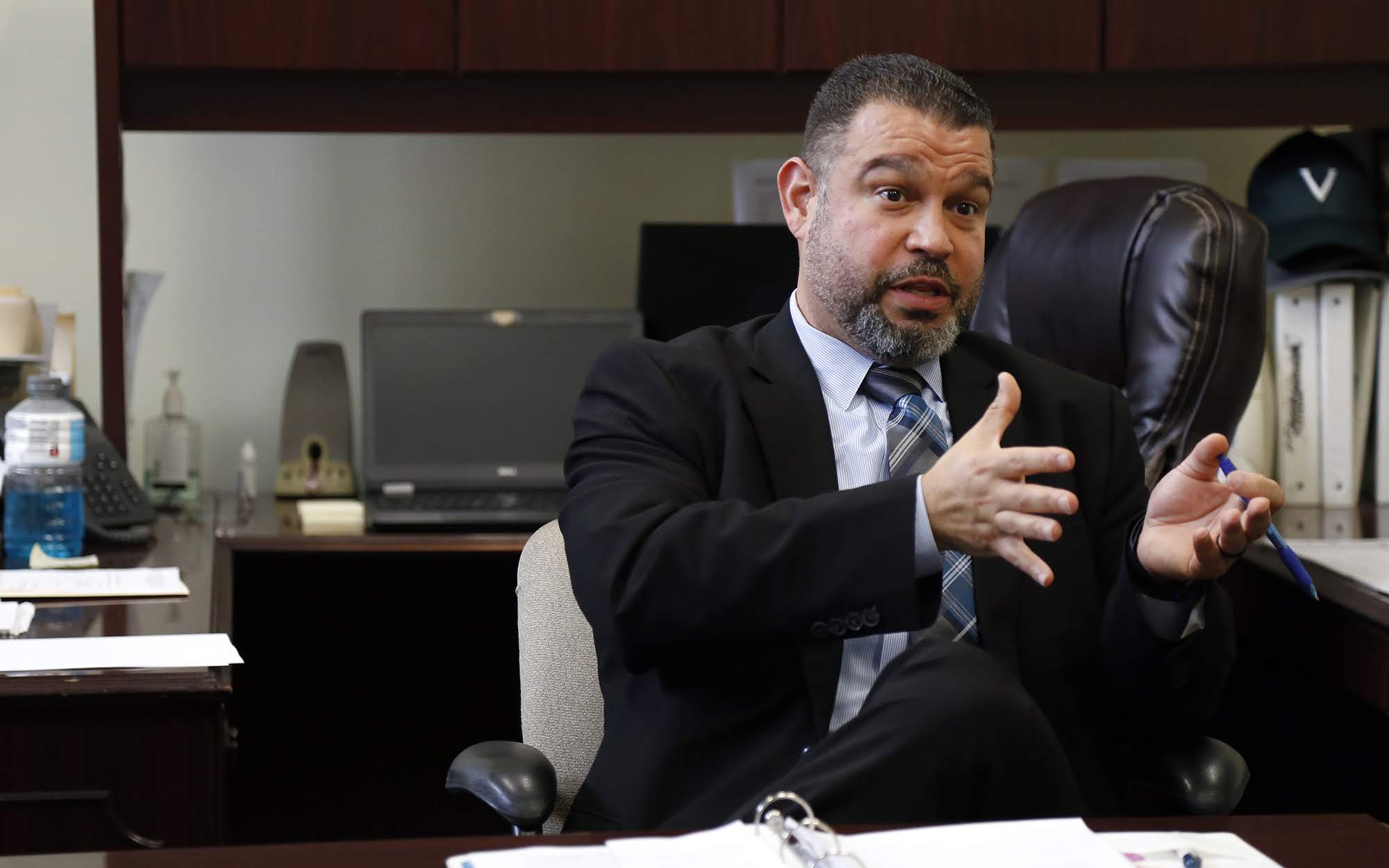 Pennsylvania Secretary of Education Pedro Rivera visits Sto-Rox Junior-Senior High School on Sept. 24 to discuss funding issues with Superintendent Frank Dalmas and others. (Photo by Ryan Loew/PublicSource).