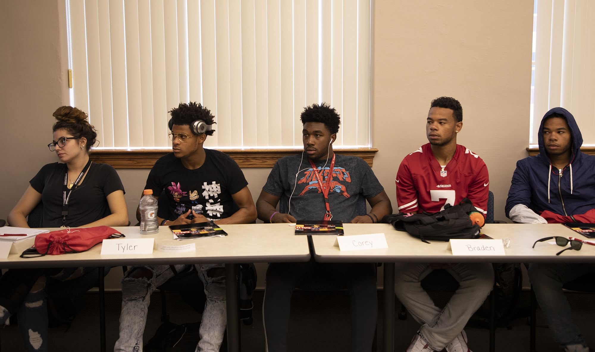 From left to right: Erica Thorniley, Tyler Walker, Corey Thomas, Braden Simpson and Brycen Simpson watch a presentation at California University of Pennsylvania during the Summer Success Academy. The pilot program is meant to help upcoming freshman who seek extra college preparation prior to classes beginning in the fall semester.